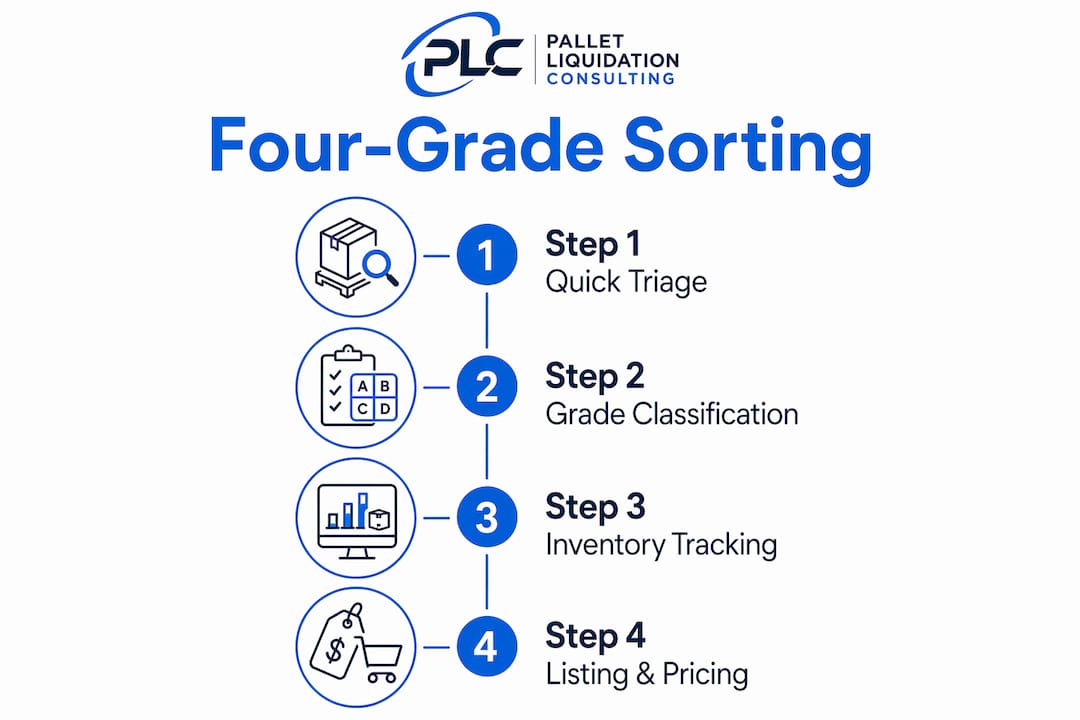 Infographic illustrating four-step pallet sorting process with clear labels