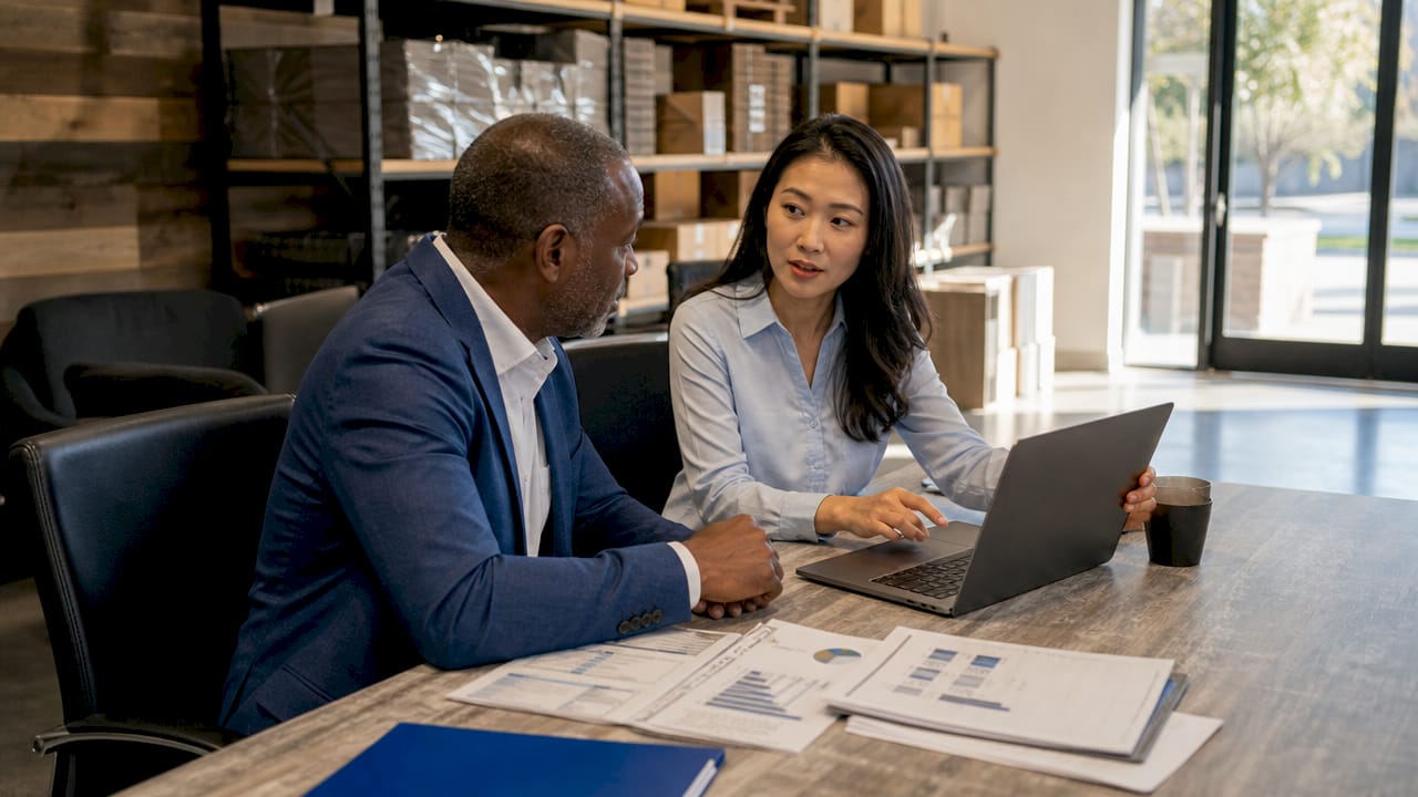 Two professionals negotiating bulk purchase at warehouse