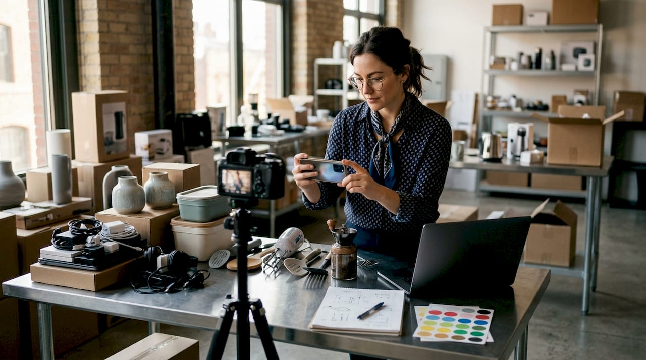 Reseller photographing pallet items at home office table