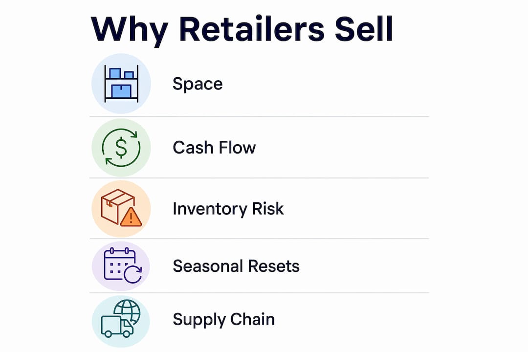 Infographic showing five reasons retailers sell overstock pallets