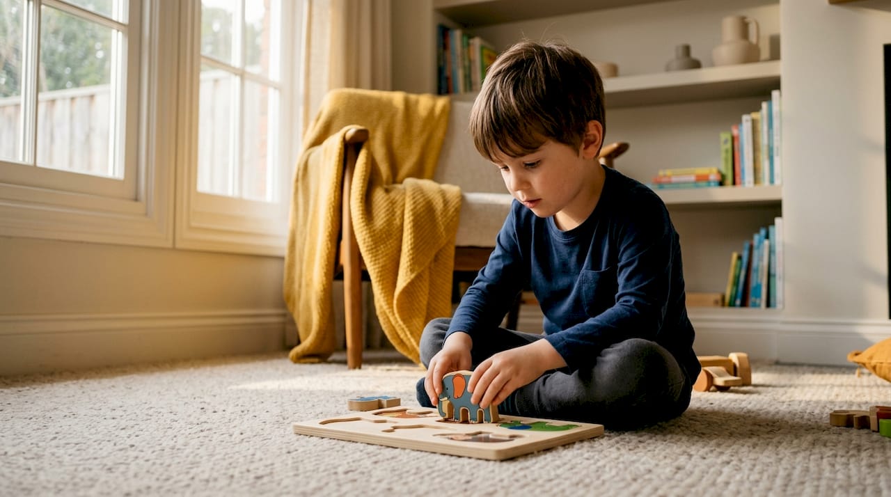 Child assembling educational wooden puzzle at home