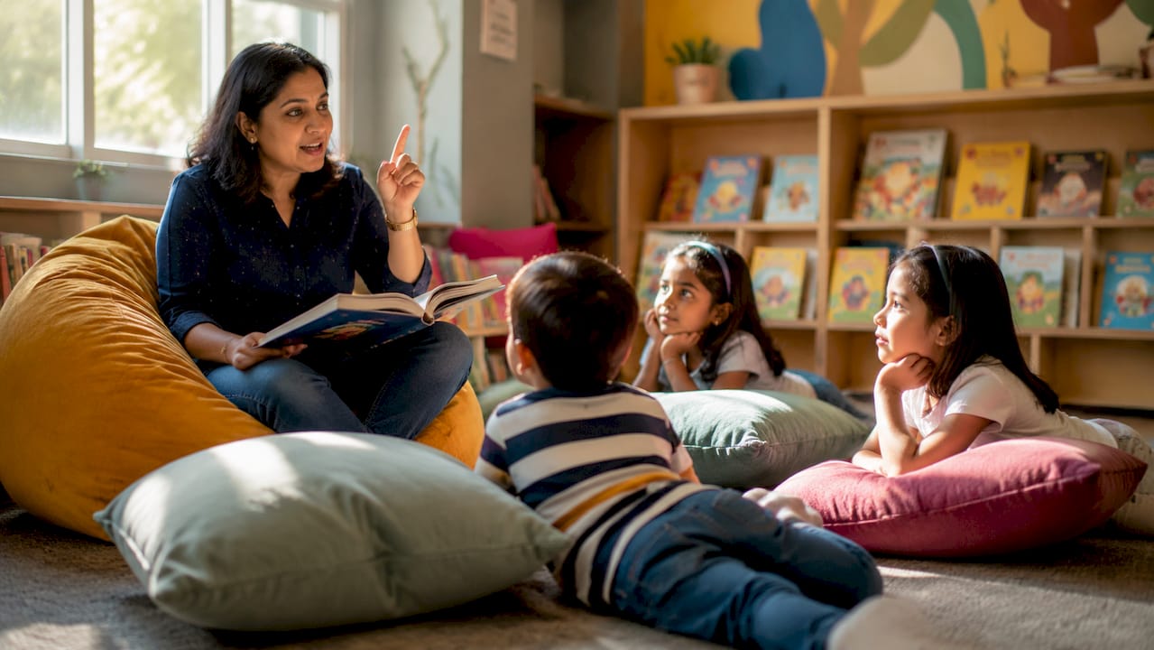 Teacher engaging children in story reading