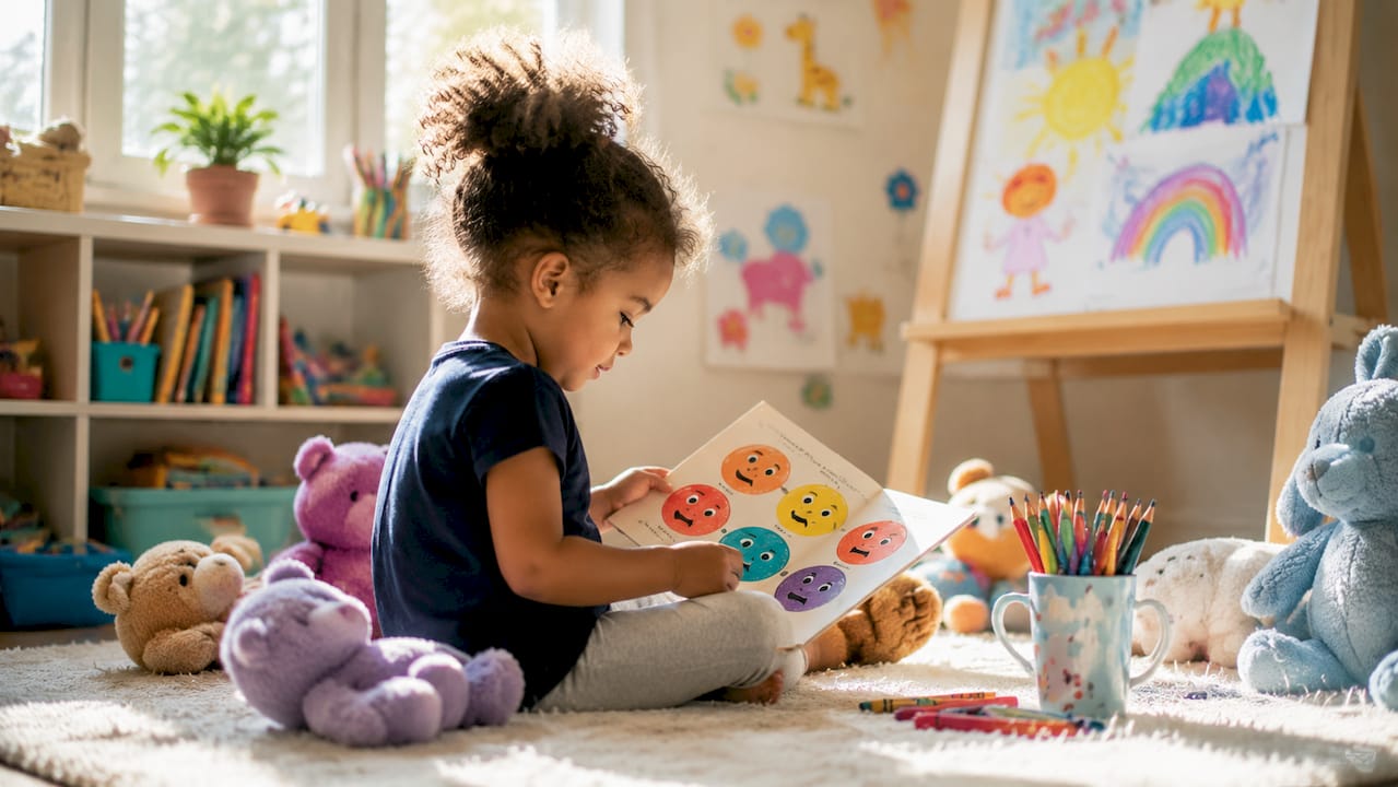 Hands holding colorful toddler emotions board book