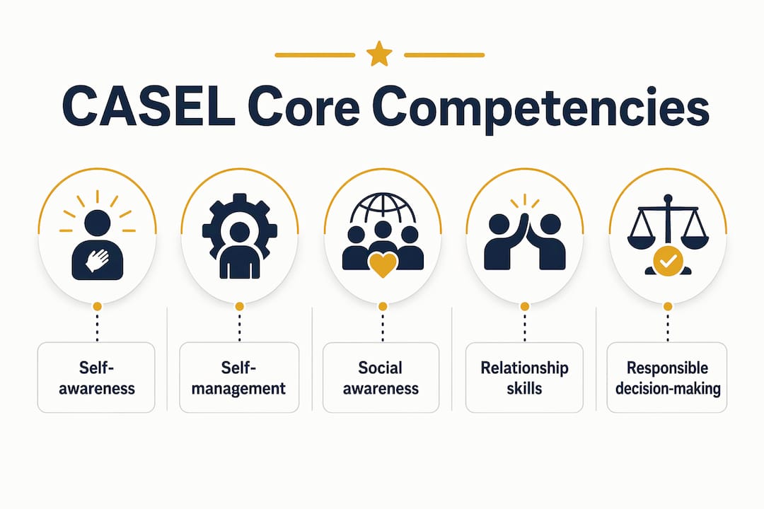 Infographic illustrating CASEL five core competencies for SEL books