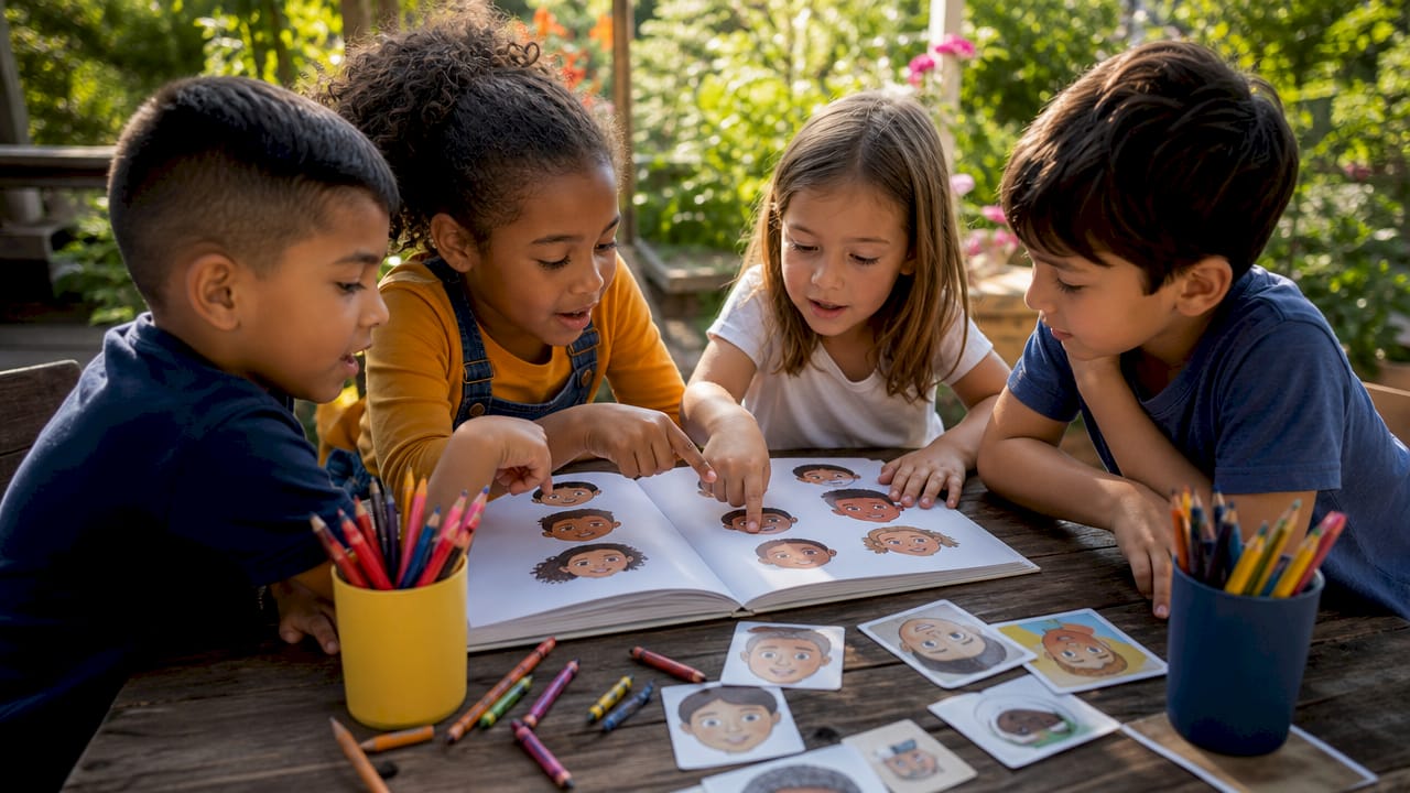 Children interacting with SEL book and emotion cards