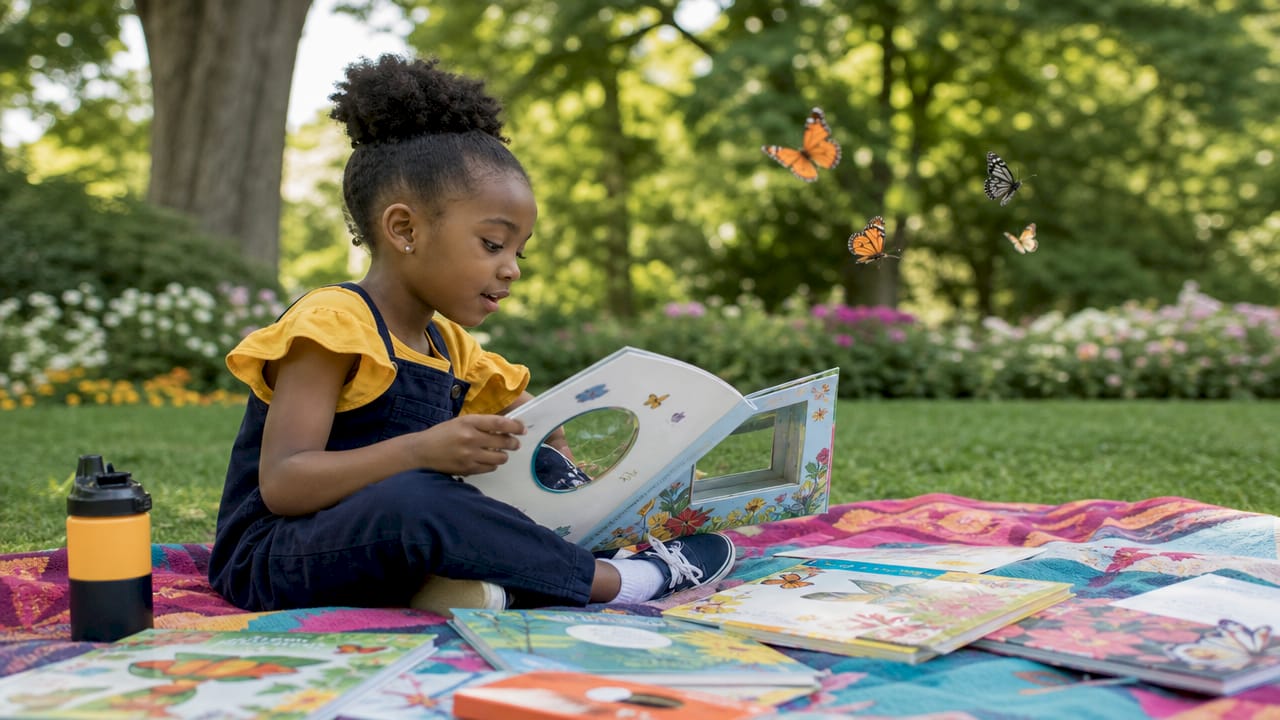 Child reading a colorful picture book in library