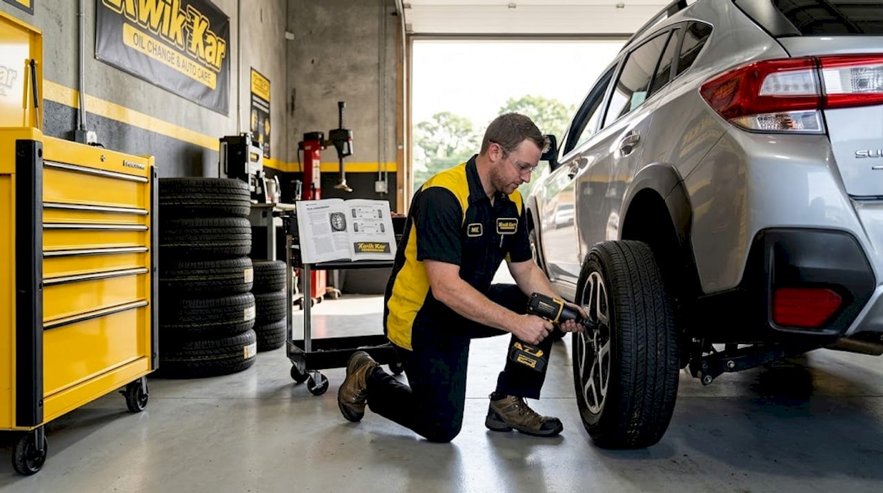 Mechanic performing tire rotation in auto shop