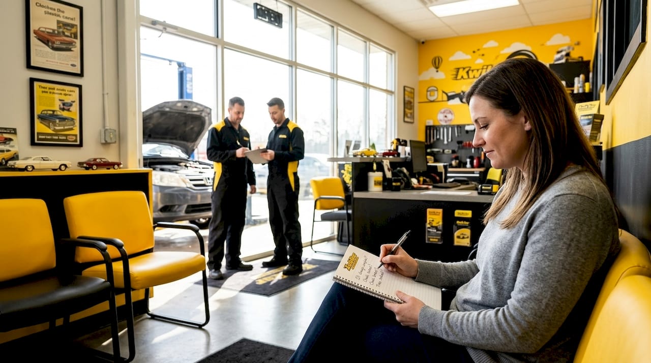 Customer observing mechanics in repair shop