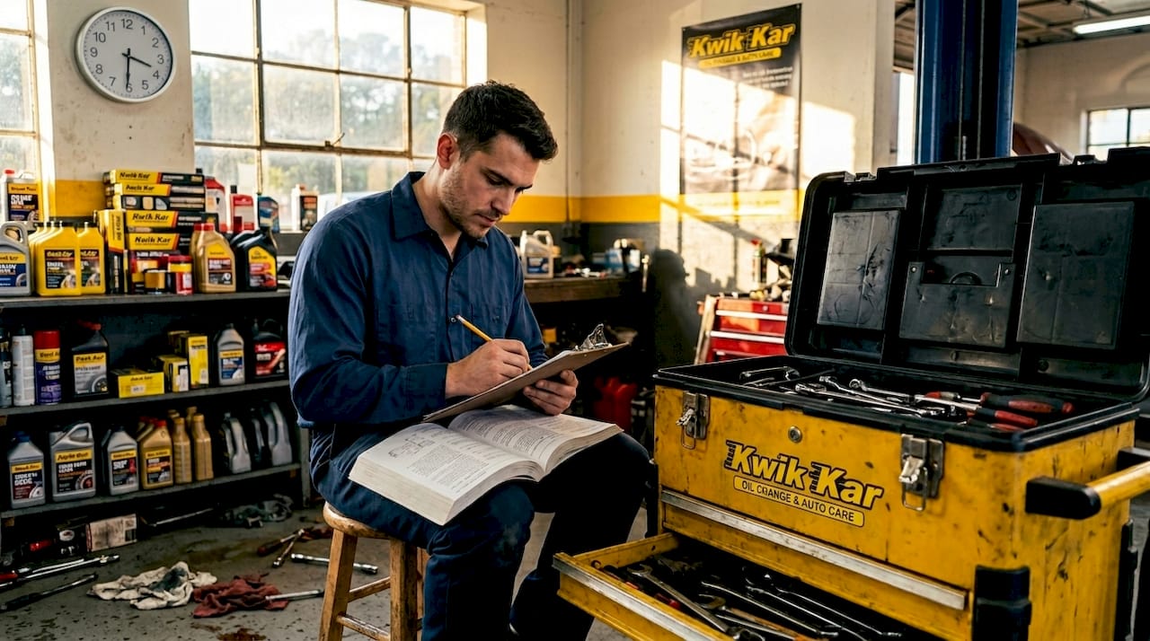 Mechanic calculates repair labor in garage