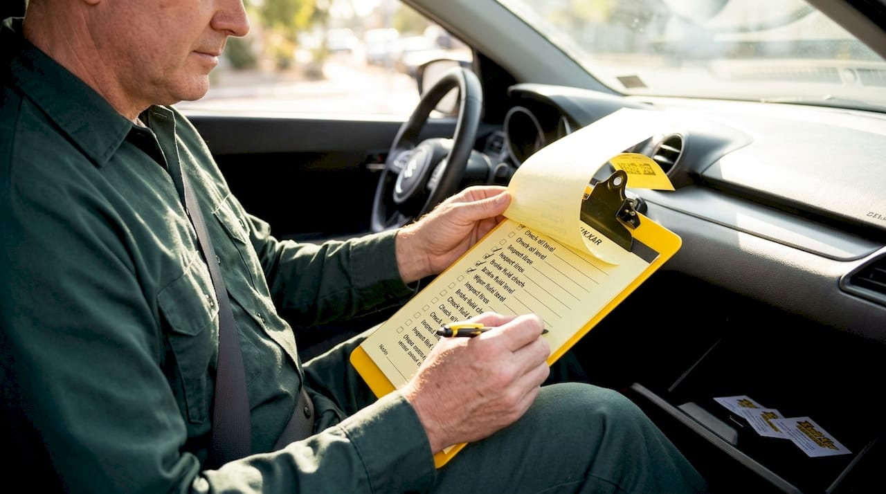 Man reviewing car maintenance checklist
