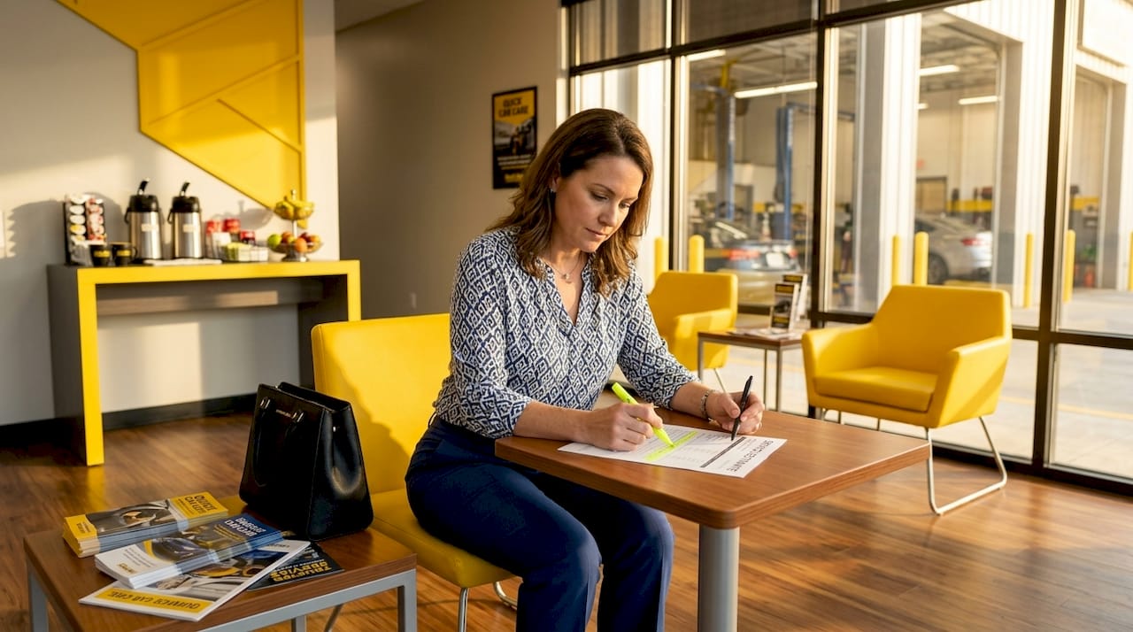 Car owner reading printed service estimate
