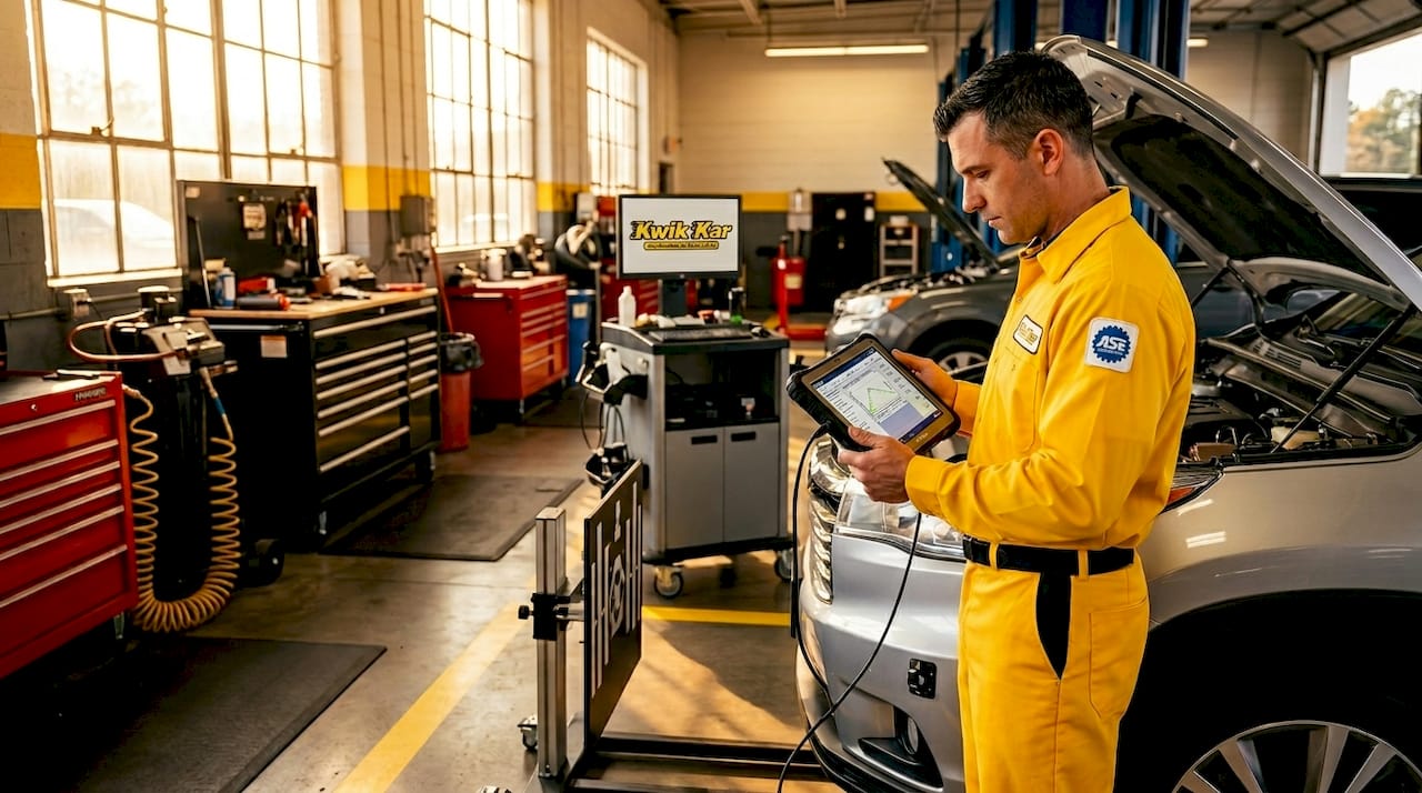 Technician calibrating vehicle ADAS sensors