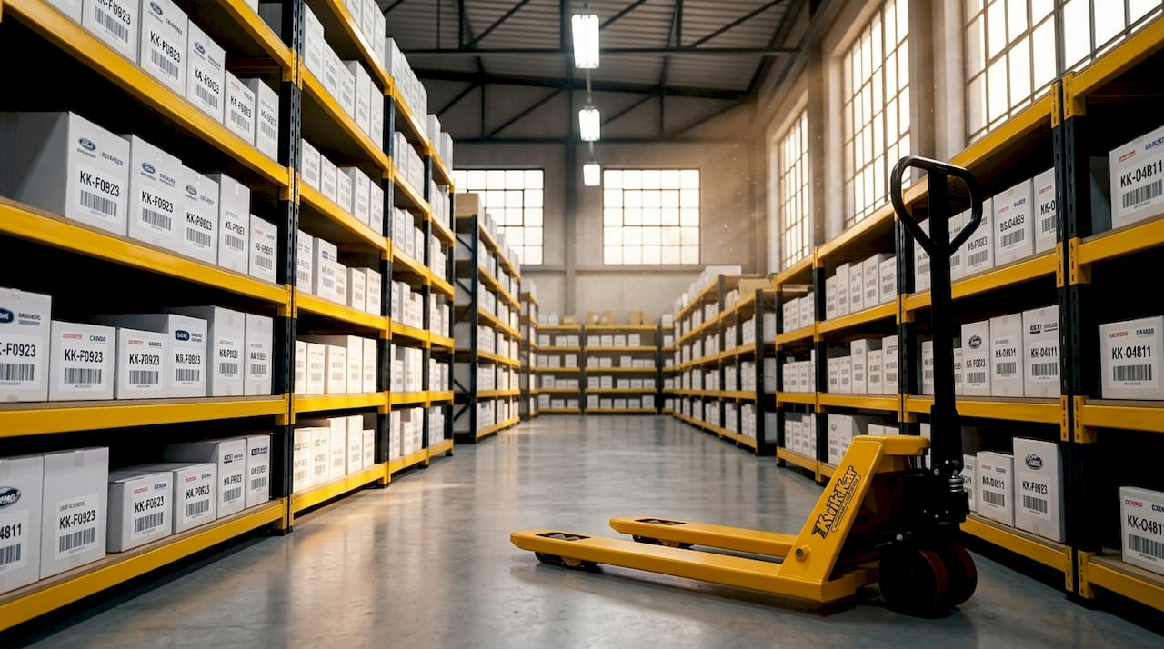 Organized OEM car parts warehouse aisle
