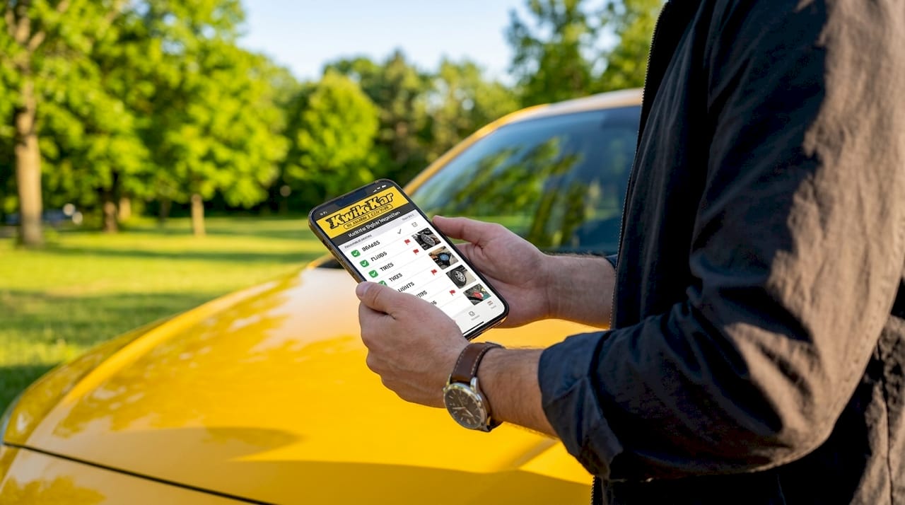 Smartphone showing digital vehicle inspection app near car