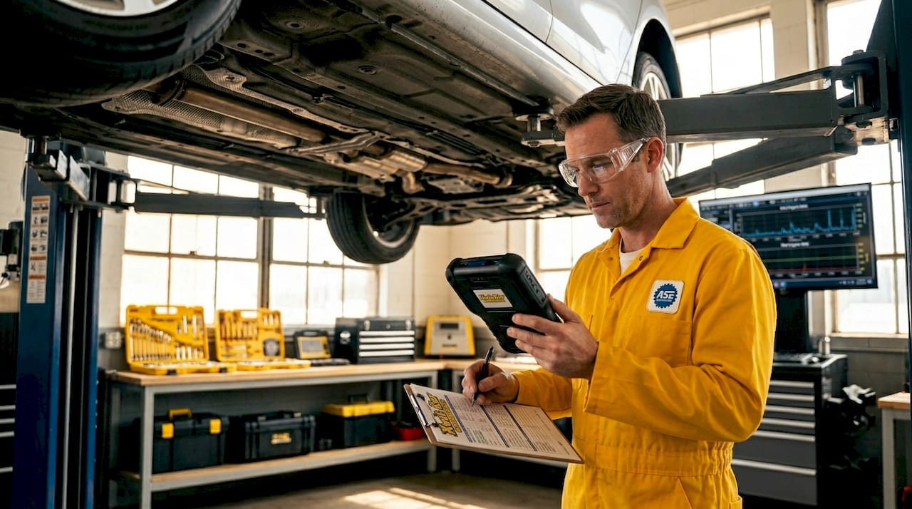ASE-certified mechanic inspecting vehicle underside