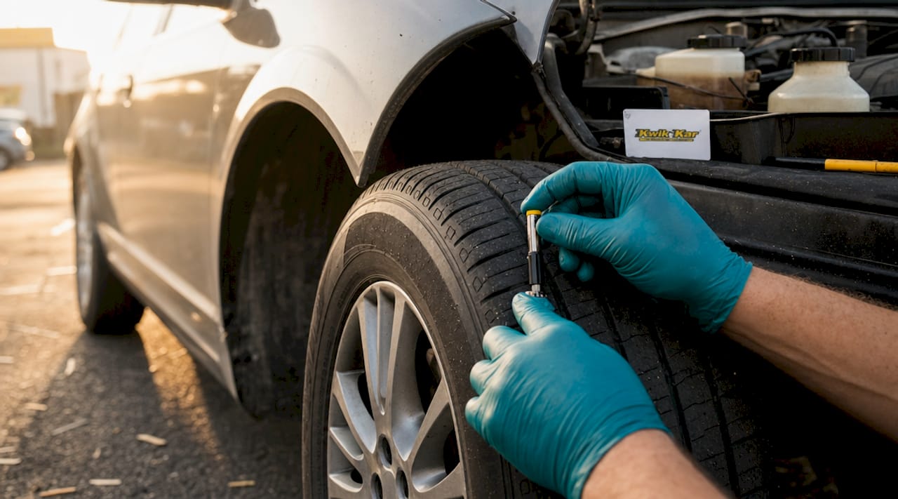 Mechanic measuring tire tread and inspecting fluids