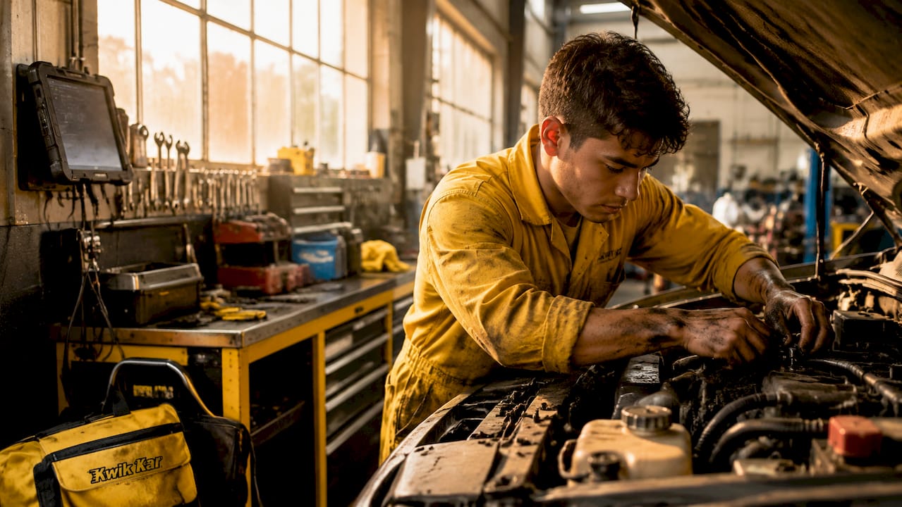 Mechanic working on car engine in garage