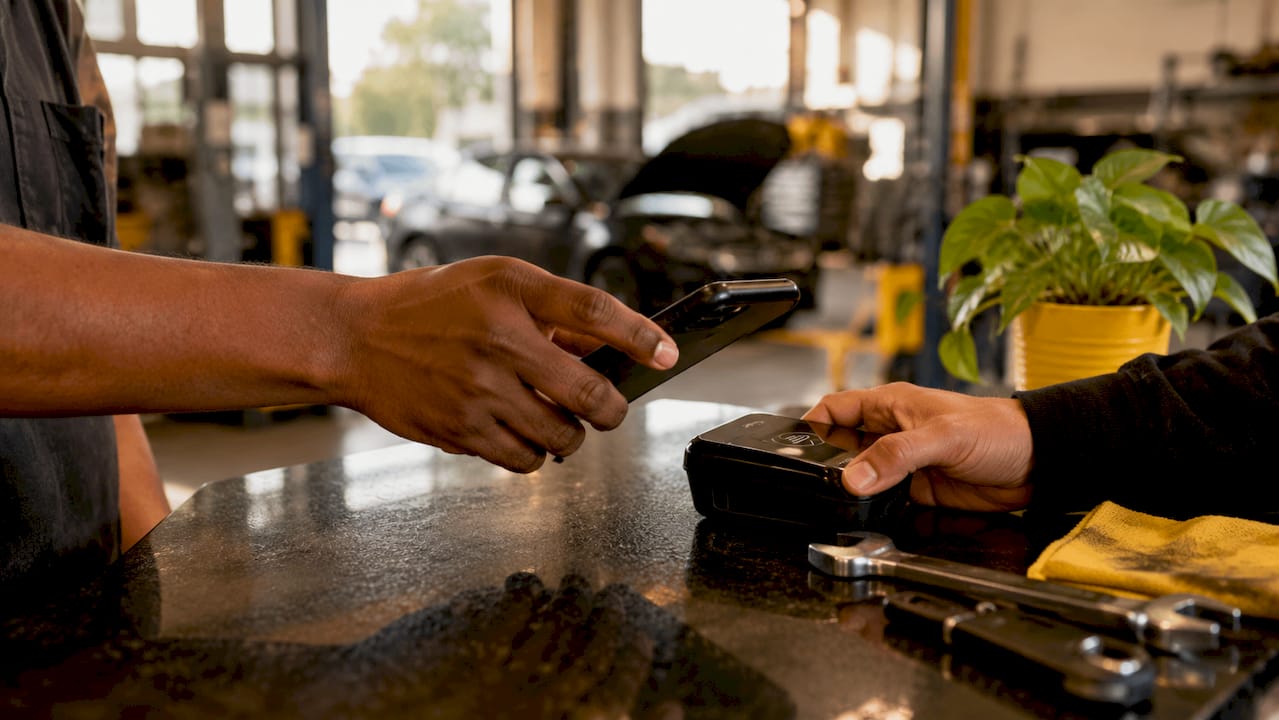Hands holding smartphone tapping NFC terminal