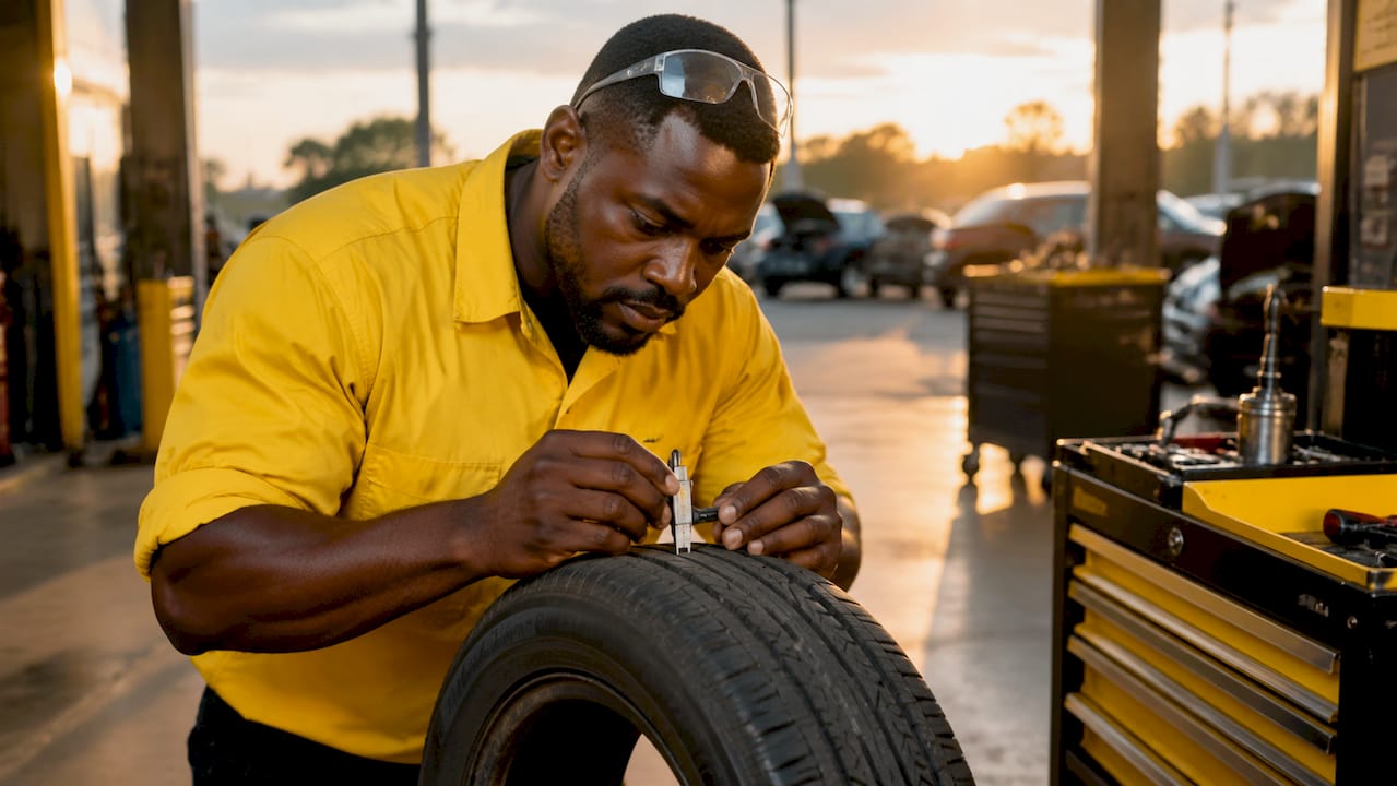 Mechanic inspecting a car tire in garage