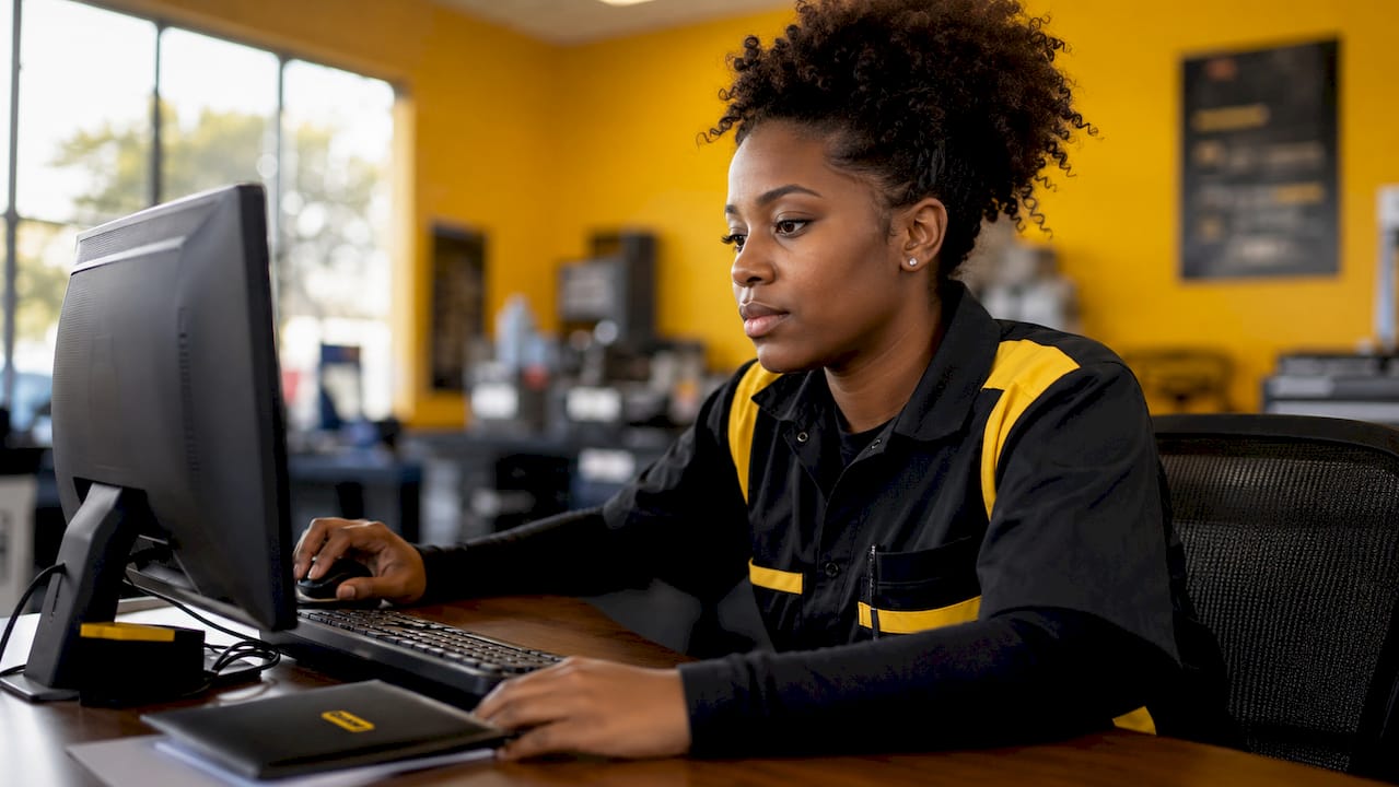 Female auto technician taking ASE computer exam