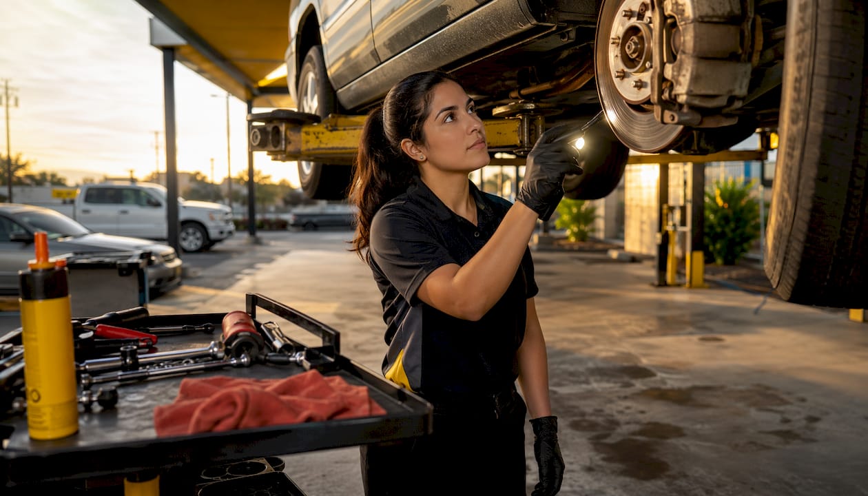 Technician inspecting car brakes indoors