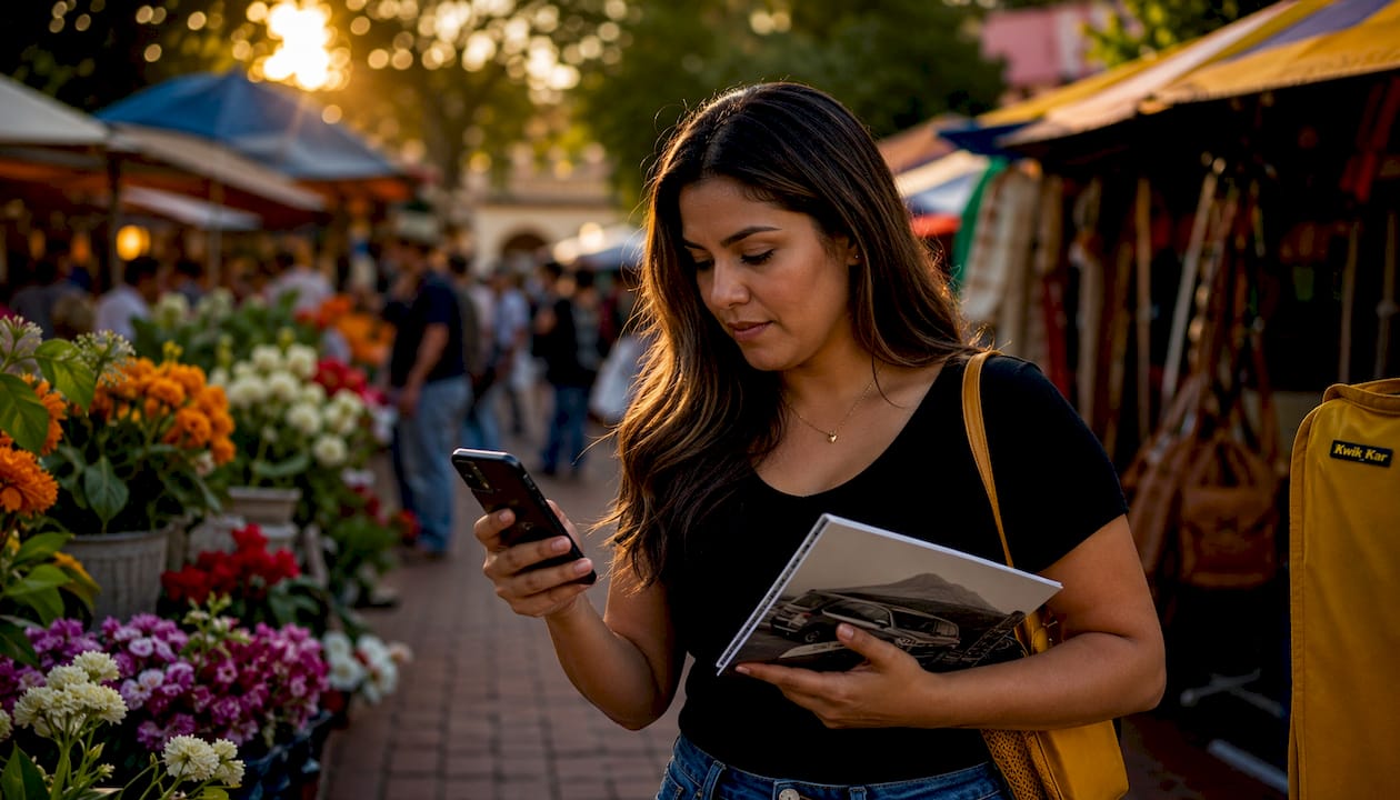 Woman choosing reliable auto shop outdoors