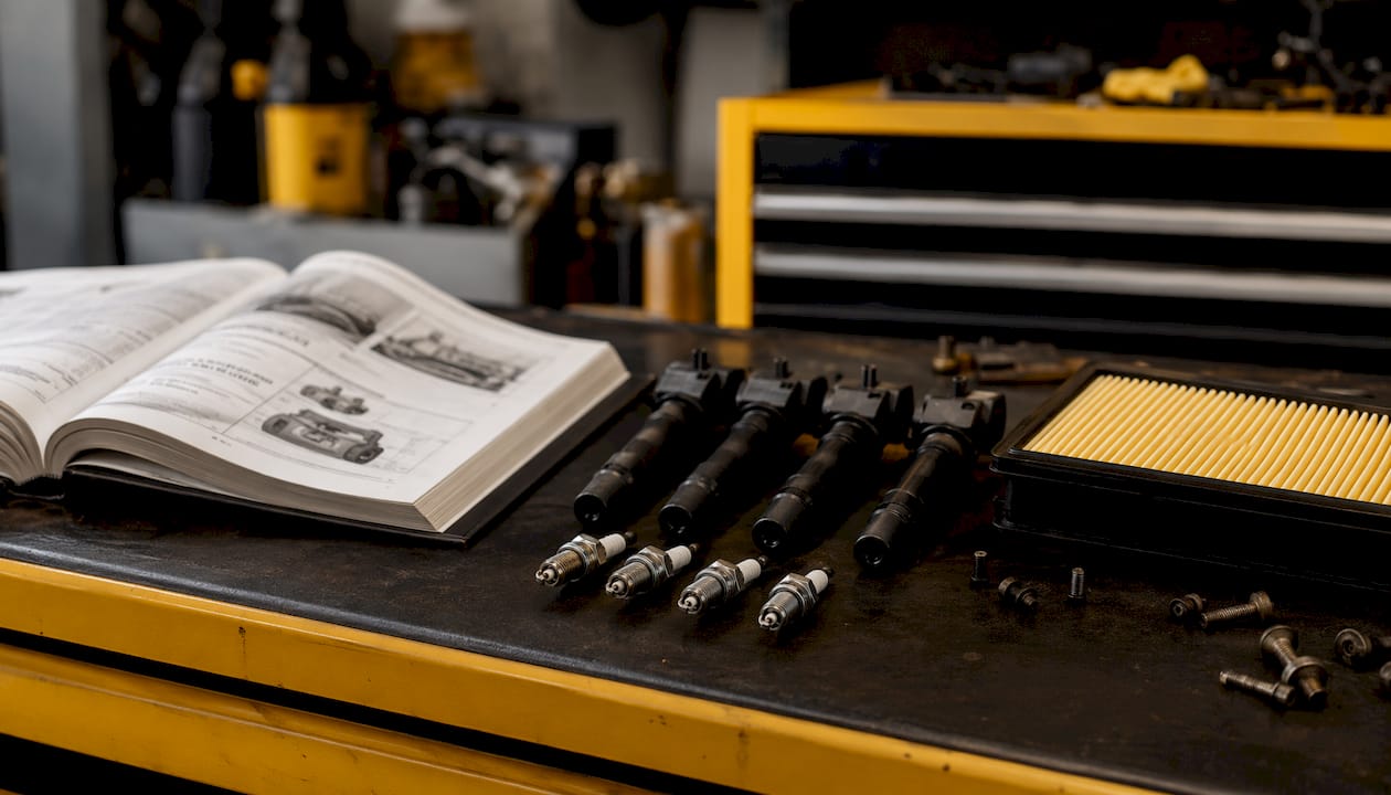 Spark plugs and ignition parts on workbench