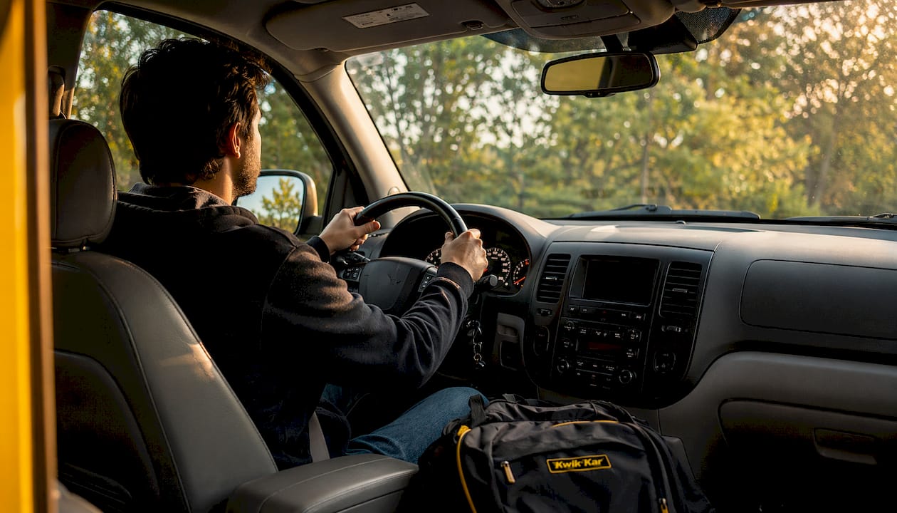 Driver's hands on steering wheel with check engine light