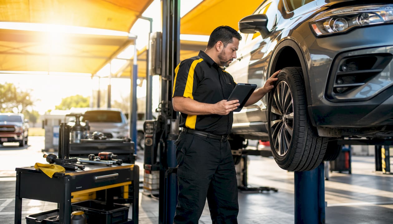 Technician inspecting SUV tire during maintenance