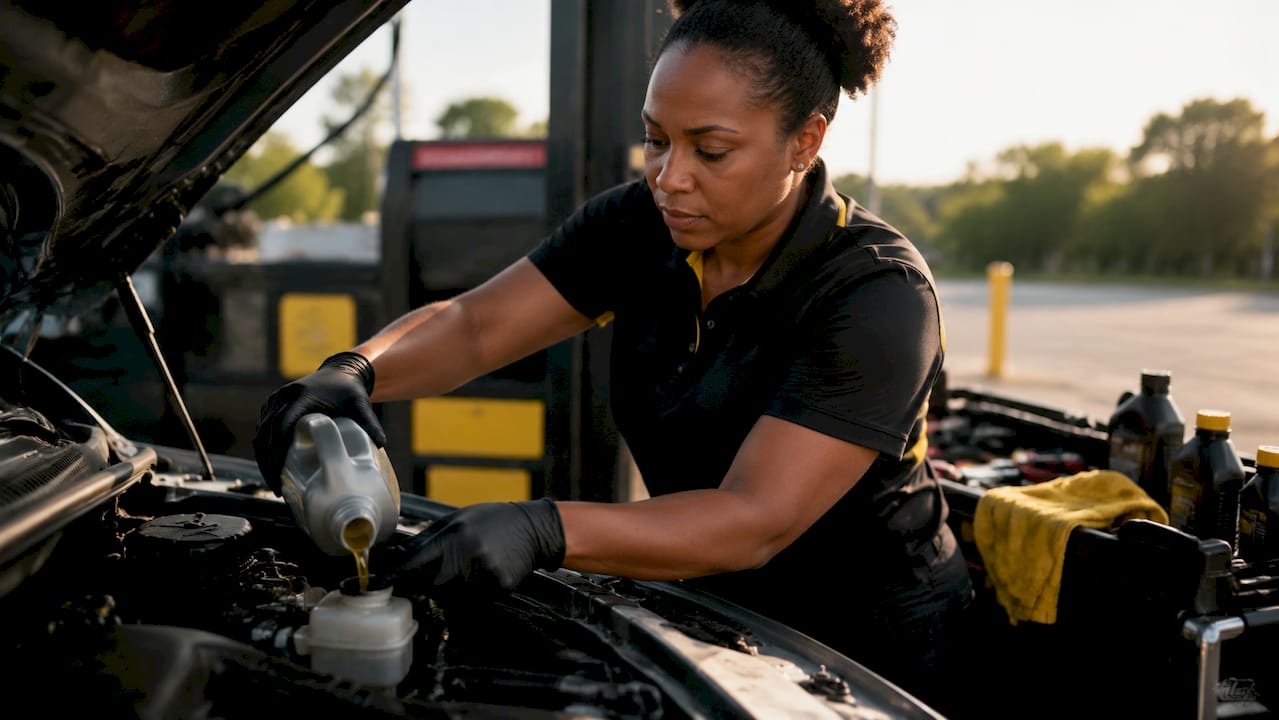 Hands pouring fluids in imported car engine