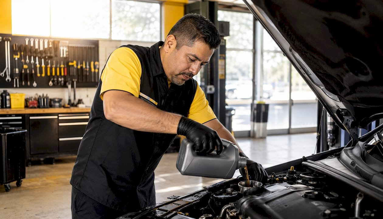 Mechanic changing oil for maintenance test job