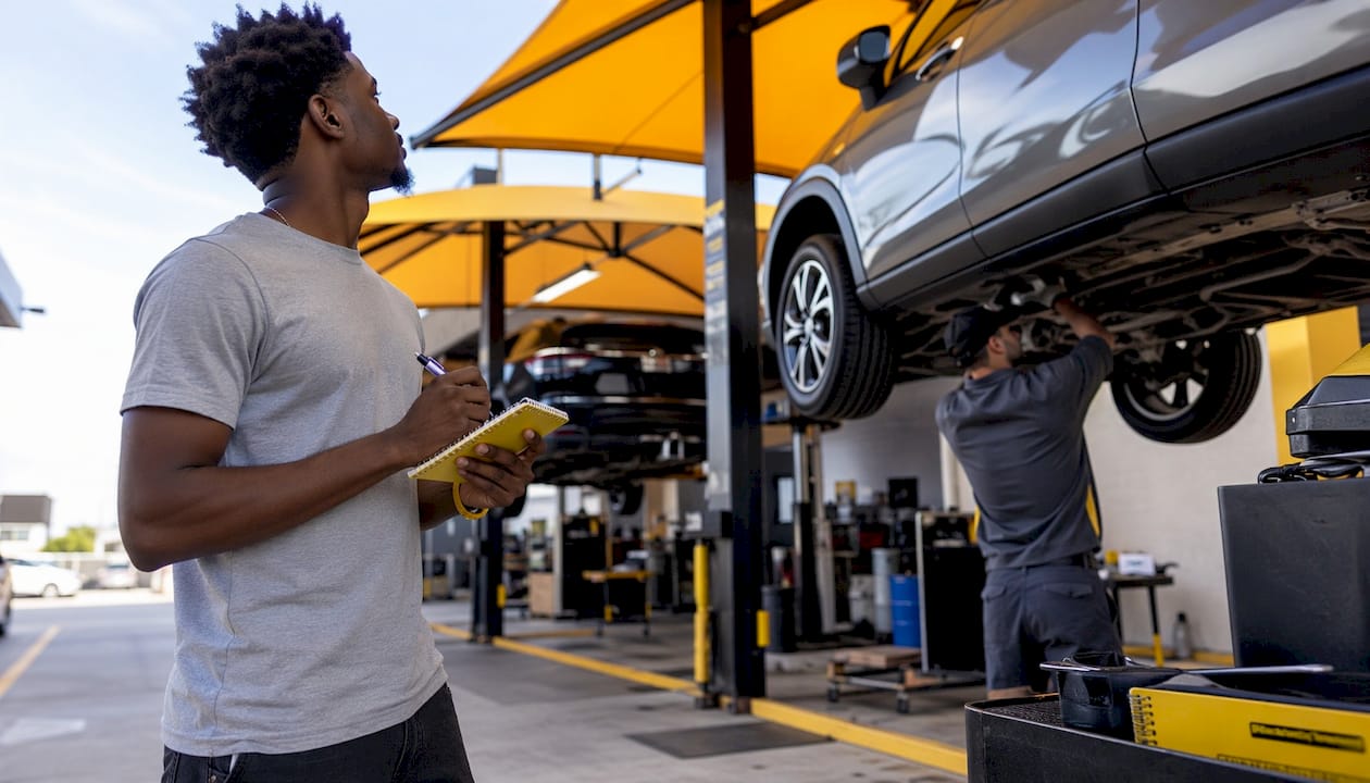 Man inspecting auto shop garage and tools