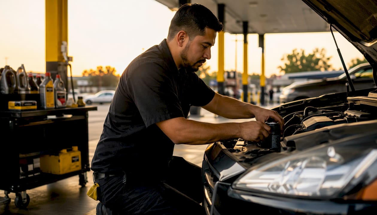 Technician performing oil change in service bay