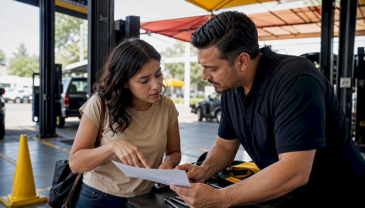 Car owner discussing repair invoice dispute with manager