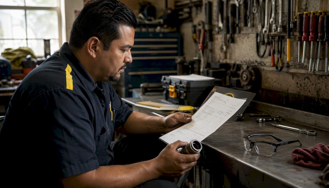 Mechanic examining parts details on car invoice
