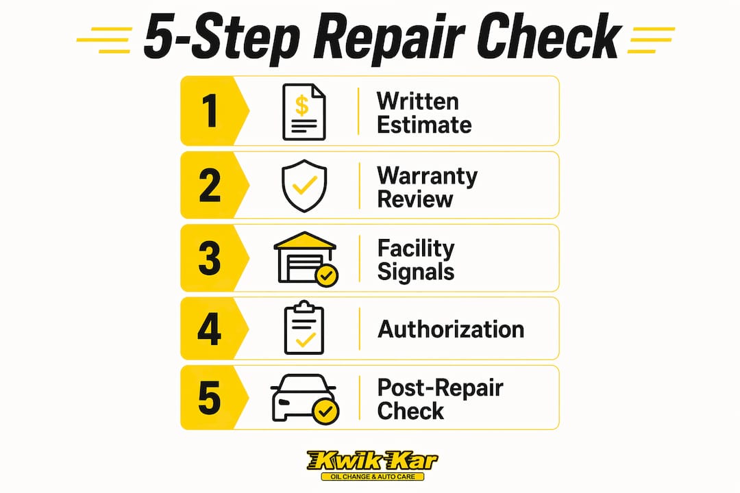 Infographic illustrating five steps to verify mechanic repair quality