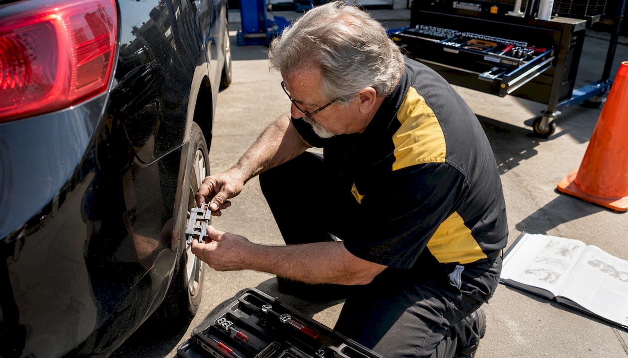 Technician measuring brake pad thickness