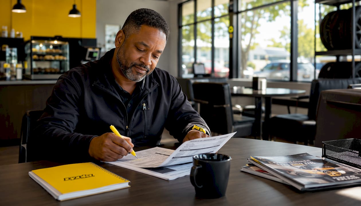 Service advisor reviewing vehicle maintenance records