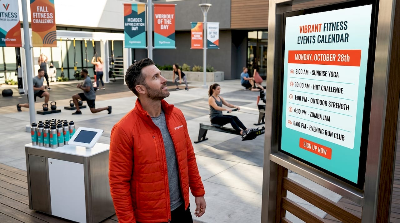 Facility manager checking event screen in lobby