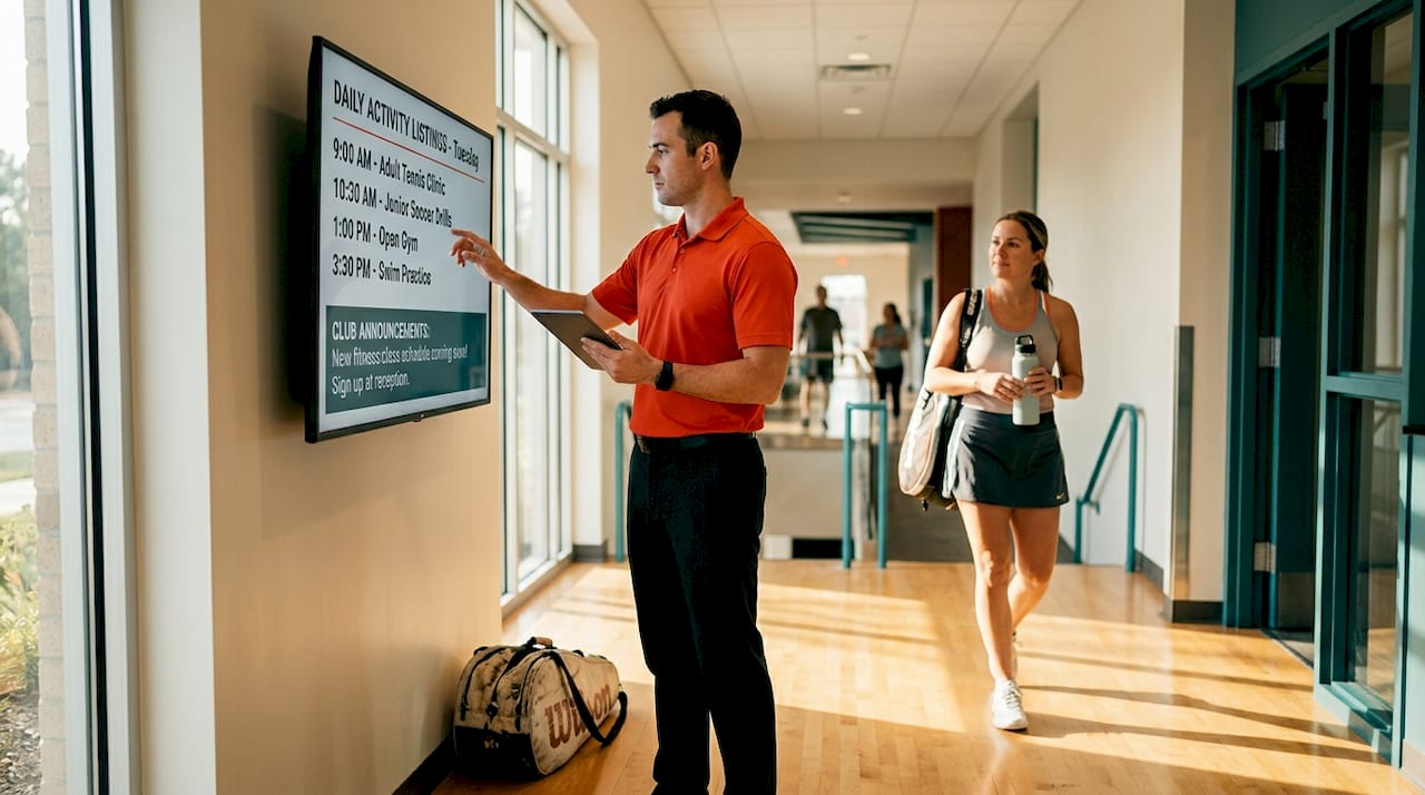 Club staff updating hallway activity schedule