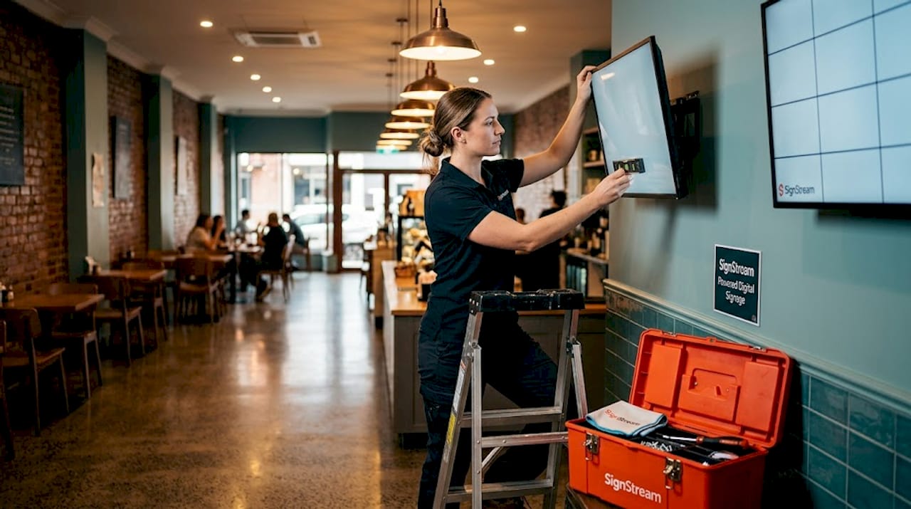 Technician adjusting digital display screen in store