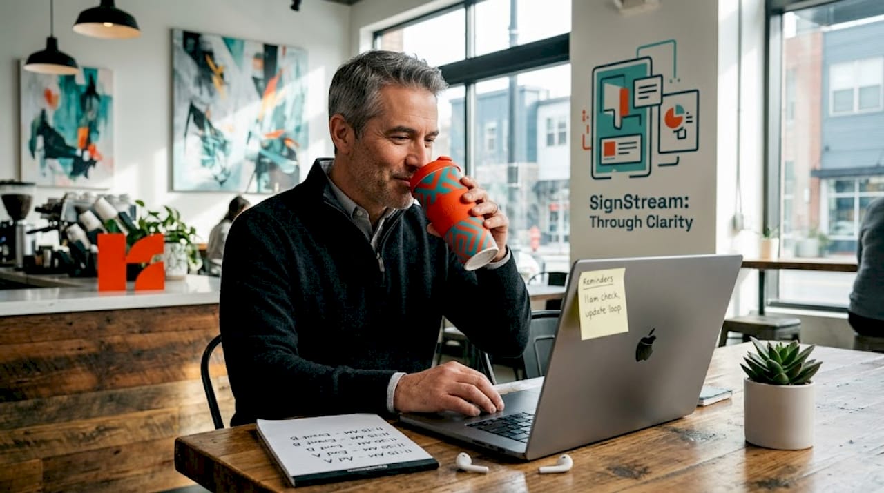 Operator reviewing digital signage schedules at desk