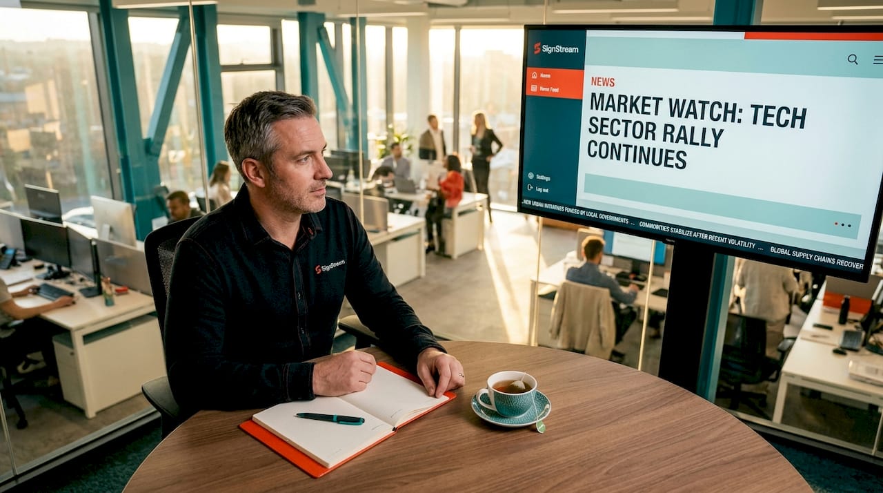 Man reading high-contrast news screen in office