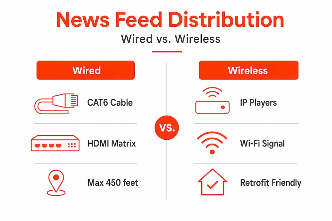 Split infographic wired and wireless news feed distribution
