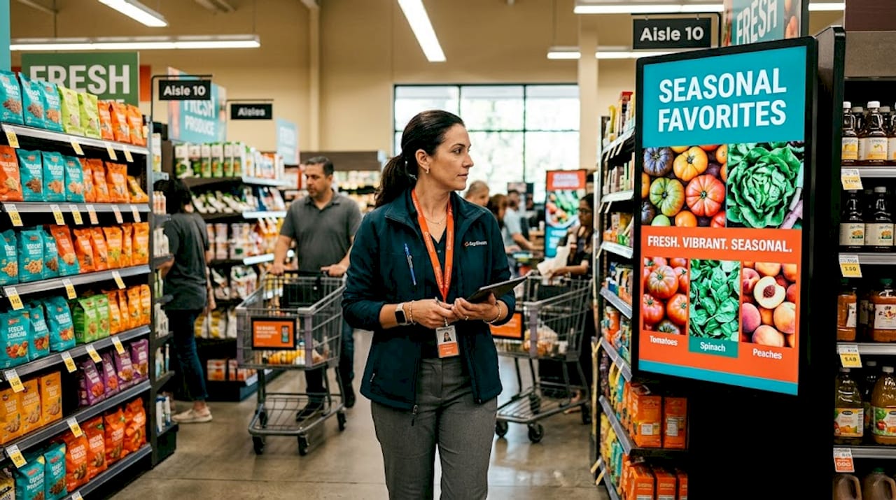 Retail store manager near digital endcap display