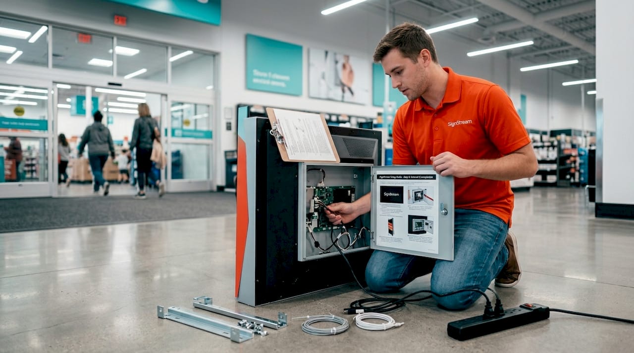 Technician installing digital endcap hardware in store