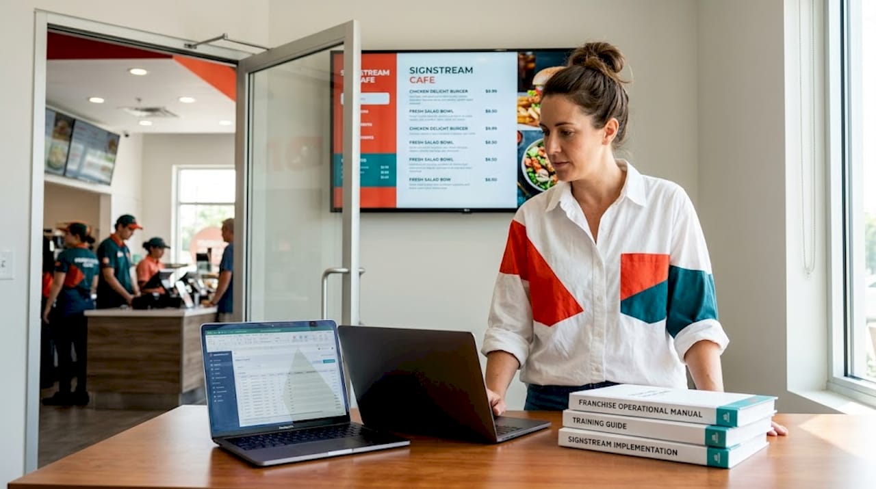 Franchise owner managing digital signage from office