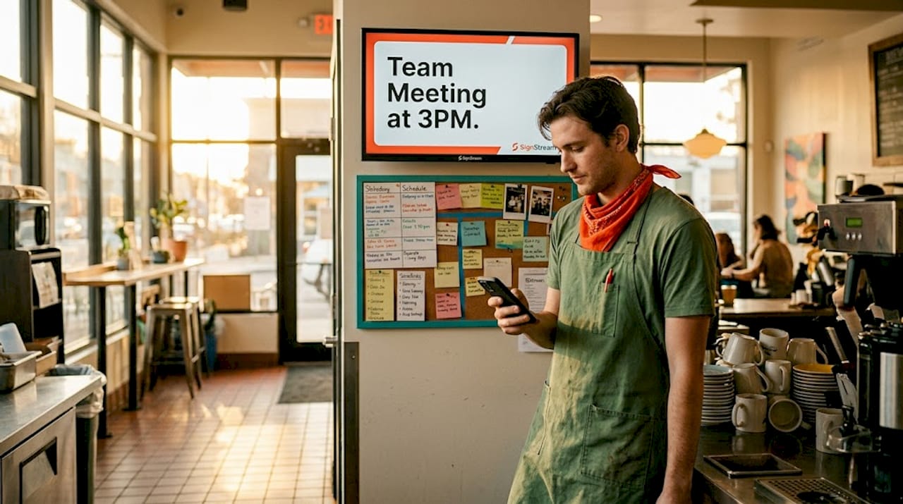 Staff updating internal digital sign message