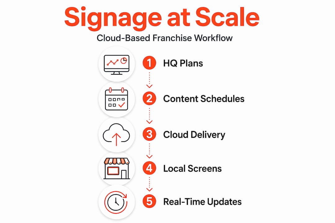 Infographic showing cloud-based digital signage steps