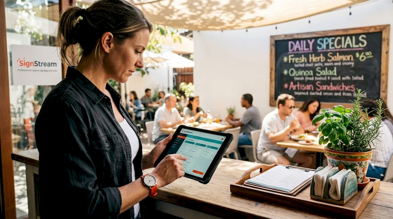 Manager updating restaurant digital menu on tablet